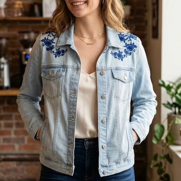 Bluenotes Jackets & Blazers - Bluenotes Boyfriend Jacket Rose Floral Boho Embroidery Cottagecore Shabby Chic